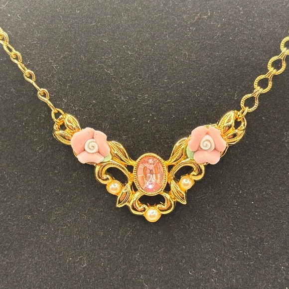 Avon Jewelry - Avon Pink Porcelain Flower Necklace with Pink Transparent Cabochon & Faux Pearl